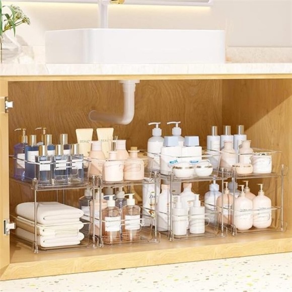 2 Tier Bathroom Storage Organizer, 4 Pack Clear Under Sink Organizers - Picture 8 of 9